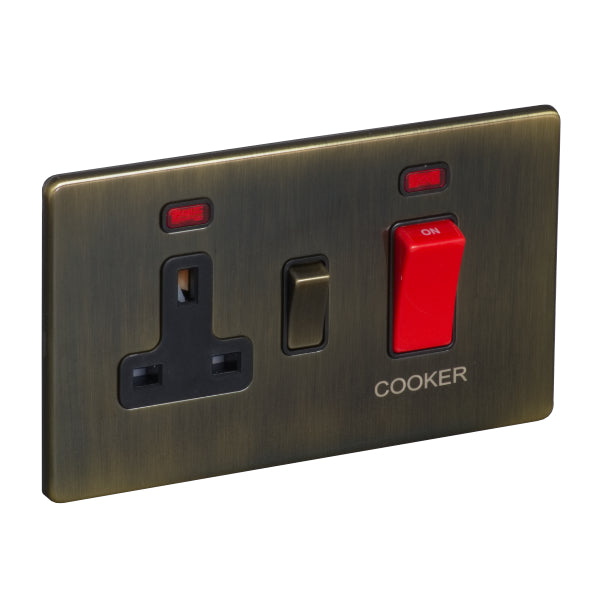2 Gang 45A Cooker Control Unit with Neon and 13A Switched Socket with Neon Screw Less Plate