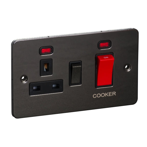 2 Gang 45A Cooker Control Unit with Neon and 13A Switched Socket with Neon Flat Plate