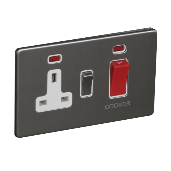 2 Gang 45A Cooker Control Unit with Neon and 13A Switched Socket with Neon Screw Less Plate