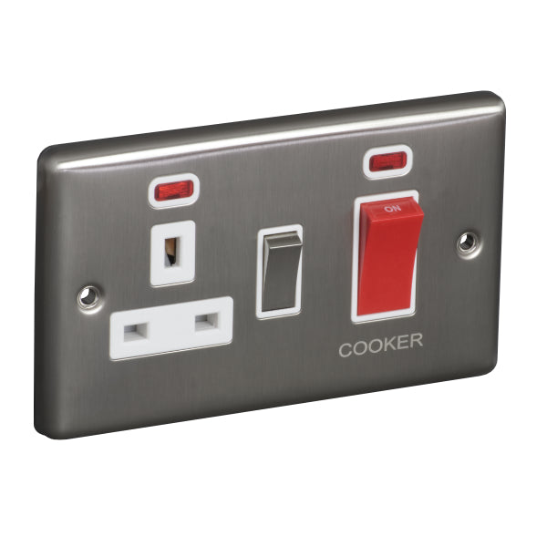 2 Gang 45A 250V Cooker Control Unit with Neon and 13A Switched Socket with Neon Raised Plate