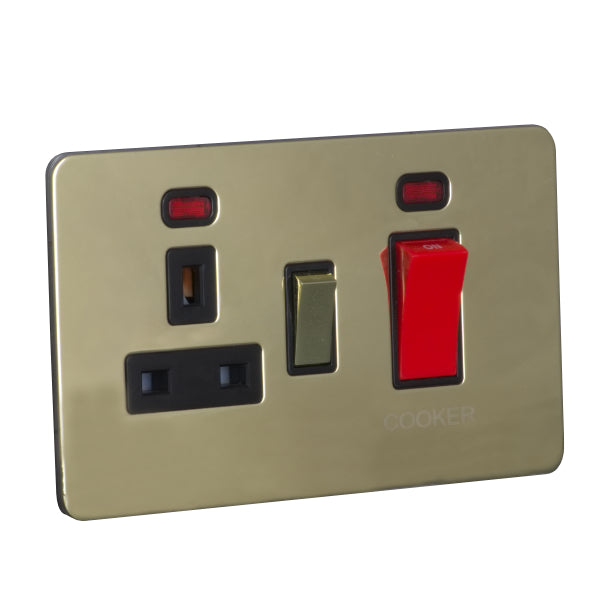 2 Gang 45A Cooker Control Unit with Neon and 13A Switched Socket with Neon Screw Less Plate