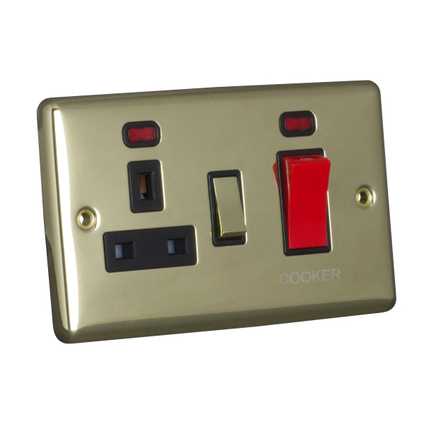 2 Gang 45A 250V Cooker Control Unit with Neon and 13A Switched Socket with Neon Raised Plate