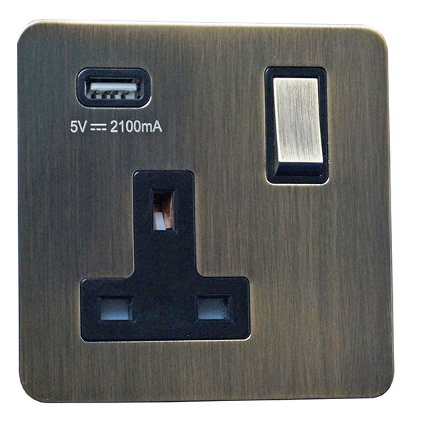 1 Gang 13A Switched Socket with USB Charging Screw Less Plate