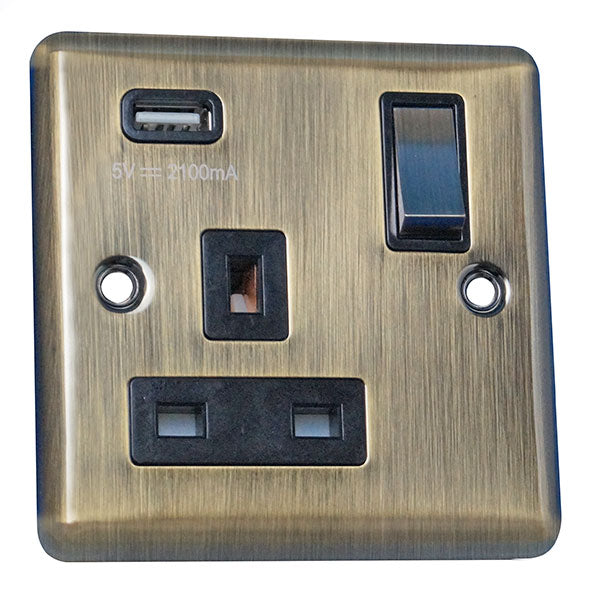 1 Gang 13A Switched Socket with USB Charging Round Angled Plate Plate