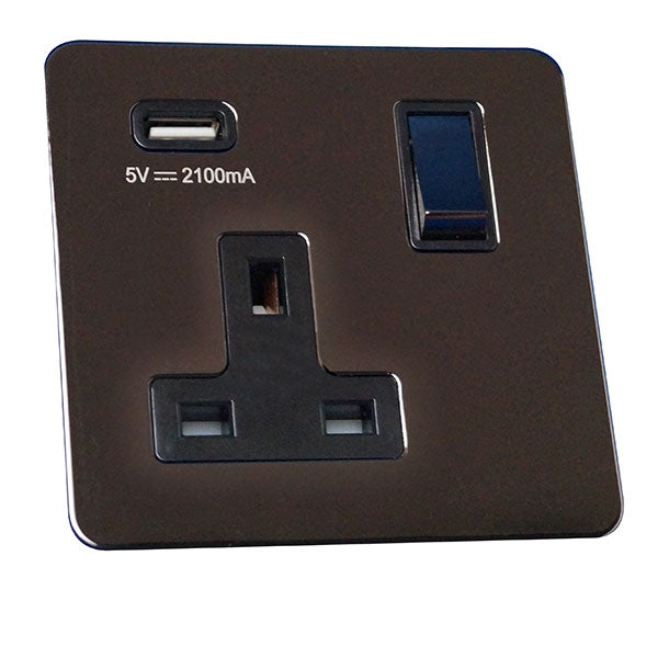 1 Gang 13A Switched Socket with USB Charging Screw Less Plate
