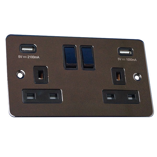 2 Gang 13A Switched Socket with USB Charging Flat Plate