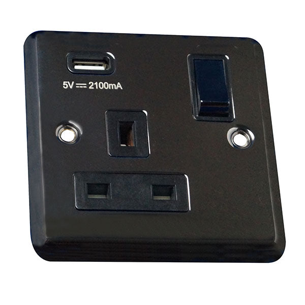 1 Gang 13A Switched Socket with USB Charging Round Angled Plate Plate