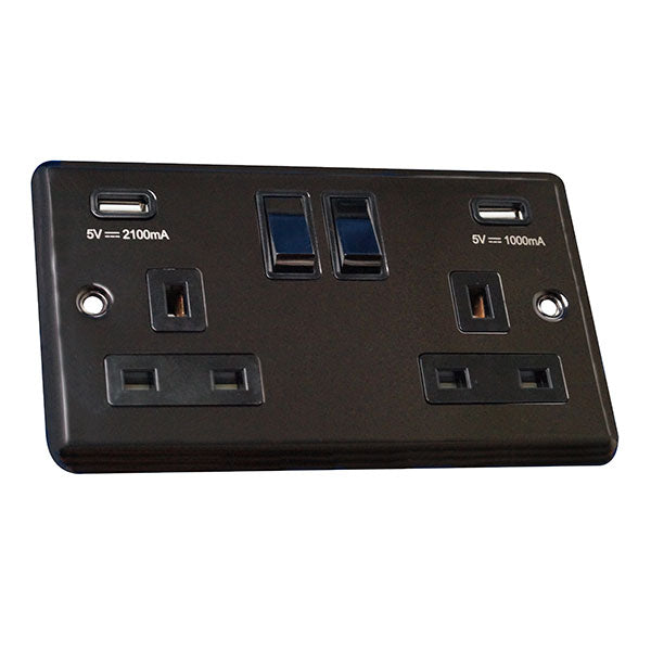 2 Gang 13A Switched Socket with USB Charging Round Angled Plate