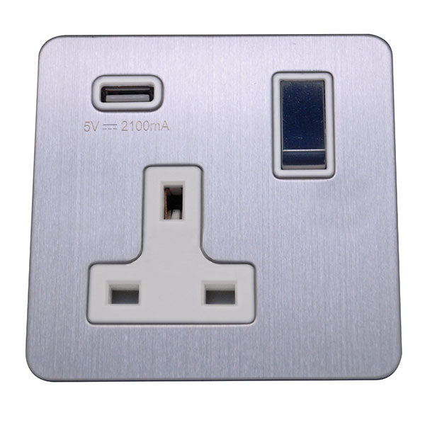 1 Gang 13A Switched Socket with USB Charging Screw Less Plate