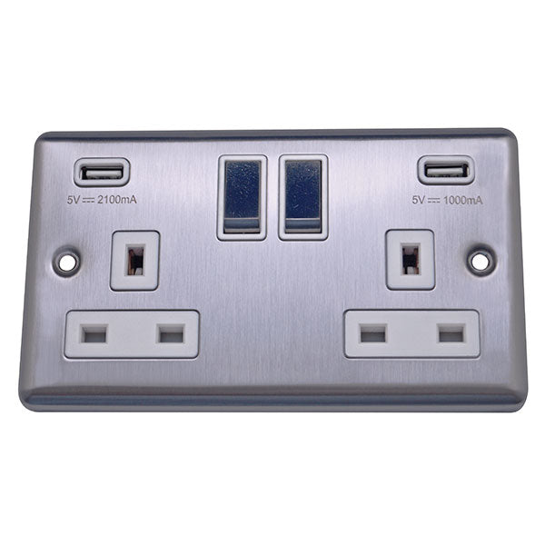 2 Gang 13A Switched Socket with USB Charging Round Angled Plate