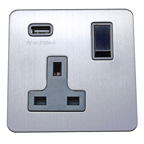 1 Gang 13A Switched Socket with USB Charging Screw Less Plate