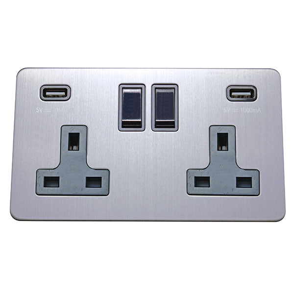 2 Gang 13A Switched Socket with USB Charging Screw Less Plate