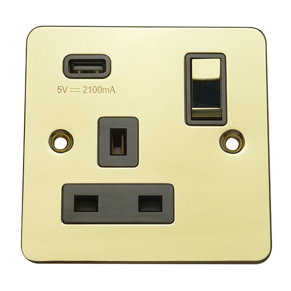 1 Gang 13A Switched Socket with USB Charging Flat Plate