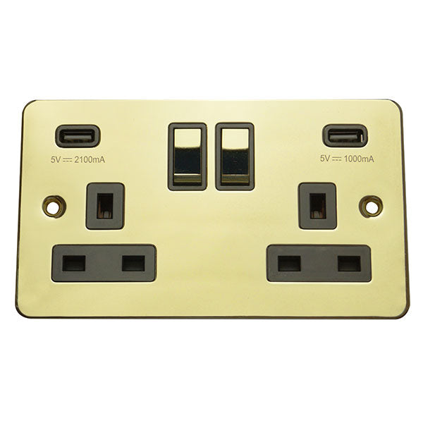 2 Gang 13A Switched Socket with USB Charging Flat Plate