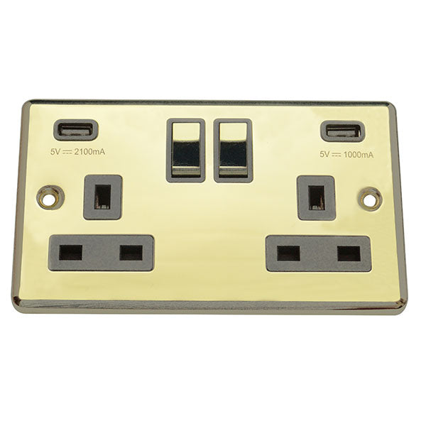 2 Gang 13A Switched Socket with USB Charging Round Angled Plate
