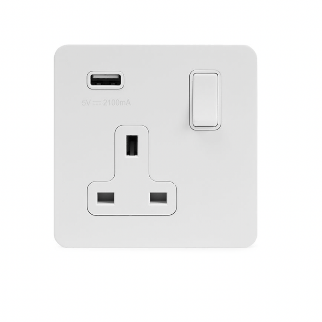 1 Gang 13A Switched Socket with USB Charging Screw Less Plate