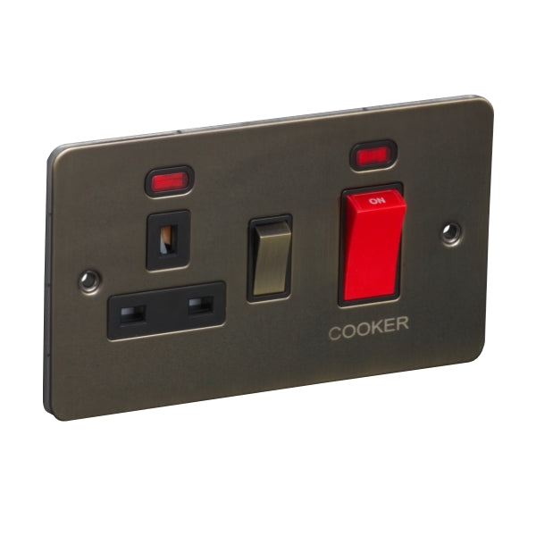 2 Gang 45A Cooker Control Unit with Neon and 13A Switched Socket with Neon Flat Plate