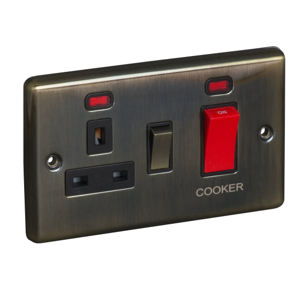 2 Gang 45A 250V Cooker Control Unit with Neon and 13A Switched Socket with Neon Raised Plate