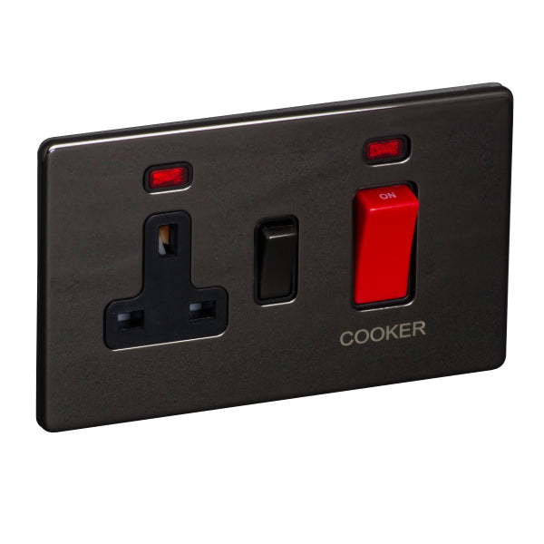 2 Gang 45A Cooker Control Unit with Neon and 13A Switched Socket with Neon Screw Less Plate