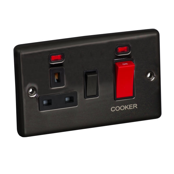 2 Gang 45A 250V Cooker Control Unit with Neon and 13A Switched Socket with Neon Raised Plate