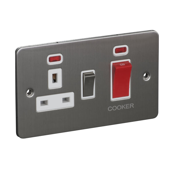 2 Gang 45A Cooker Control Unit with Neon and 13A Switched Socket with Neon Flat Plate