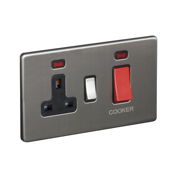2 Gang 45A Cooker Control Unit with Neon and 13A Switched Socket with Neon Screw Less Plate