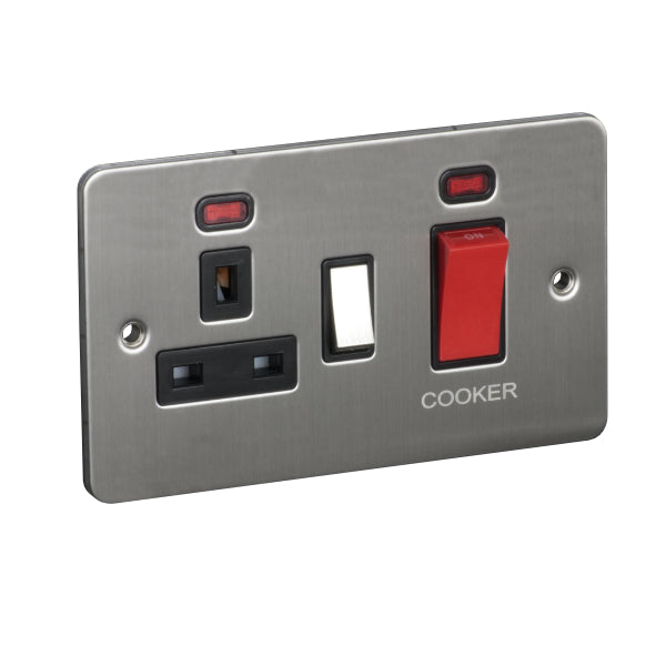2 Gang 45A Cooker Control Unit with Neon and 13A Switched Socket with Neon Flat Plate
