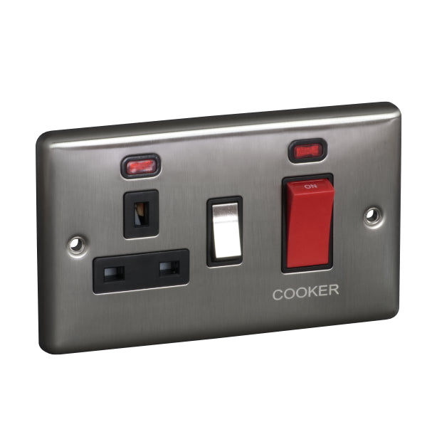 2 Gang 45A 250V Cooker Control Unit with Neon and 13A Switched Socket with Neon Raised Plate