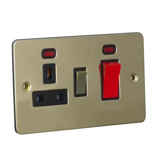 2 Gang 45A Cooker Control Unit with Neon and 13A Switched Socket with Neon Flat Plate