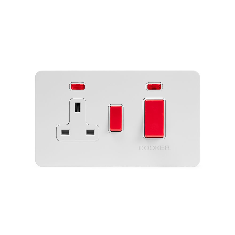 2 Gang 45A Cooker Control Unit with Neon and 13A Switched Socket with Neon Screw Less Plate