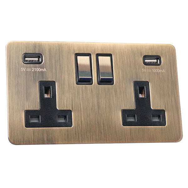 2 Gang 13A Switched Socket with USB Charging Screw Less Plate