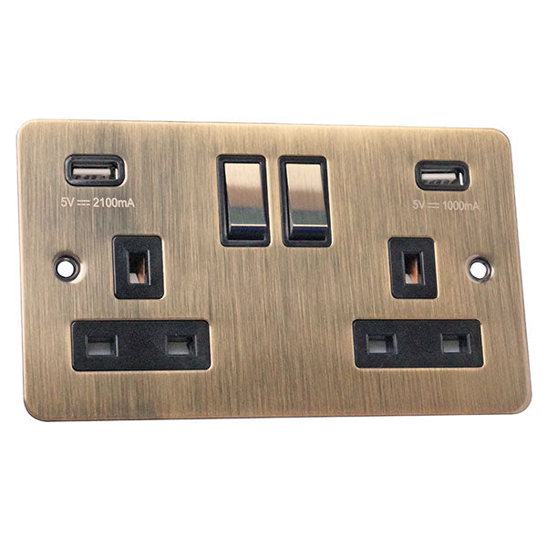 2 Gang 13A Switched Socket with USB Charging Flat Plate