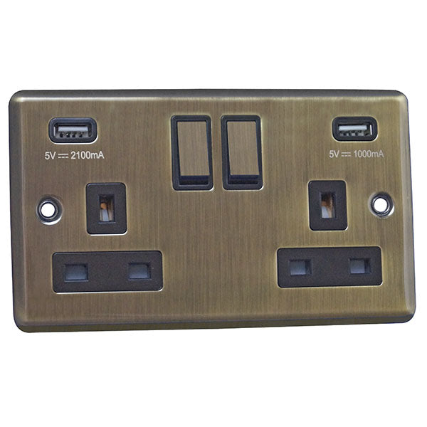 2 Gang 13A Switched Socket with USB Charging Round Angled Plate