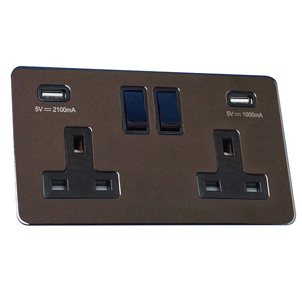 2 Gang 13A Switched Socket with USB Charging Screw Less Plate