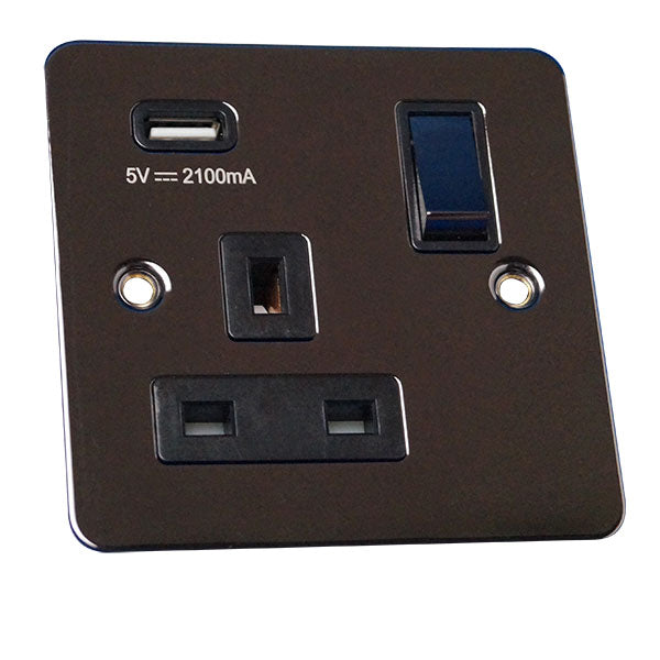 1 Gang 13A Switched Socket with USB Charging Flat Plate