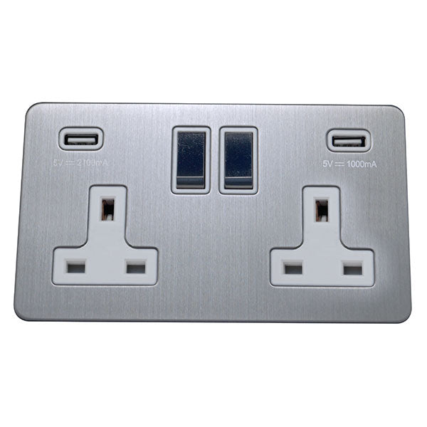 2 Gang 13A Switched Socket with USB Charging Screw Less Plate