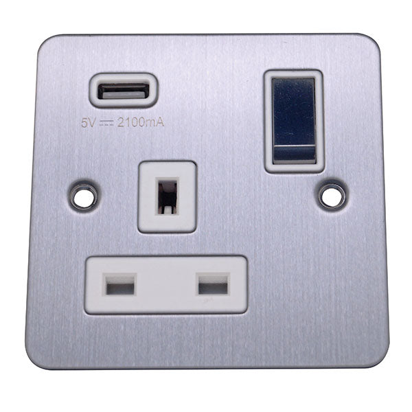 1 Gang 13A Switched Socket with USB Charging Flat Plate