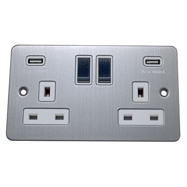 2 Gang 13A Switched Socket with USB Charging Flat Plate