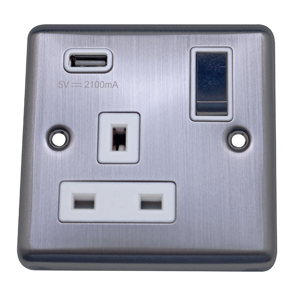 1 Gang 13A Switched Socket with USB Charging Round Angled Plate Plate