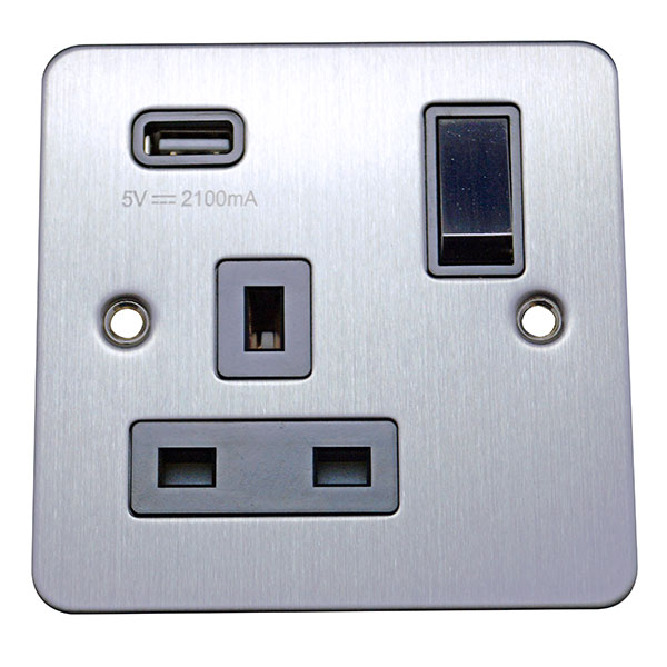 1 Gang 13A Switched Socket with USB Charging Flat Plate