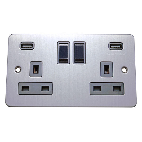 2 Gang 13A Switched Socket with USB Charging Flat Plate