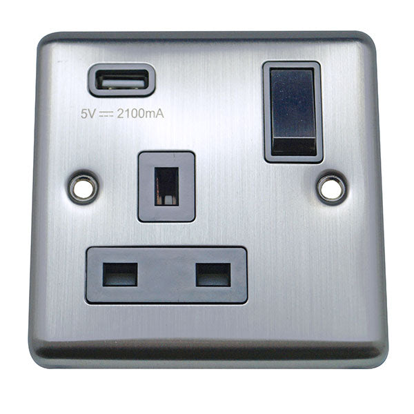 1 Gang 13A Switched Socket with USB Charging Round Angled Plate Plate