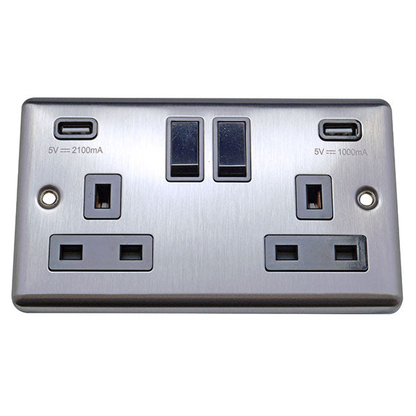 2 Gang 13A Switched Socket with USB Charging Round Angled Plate