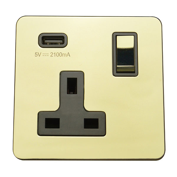 1 Gang 13A Switched Socket with USB Charging Screw Less Plate