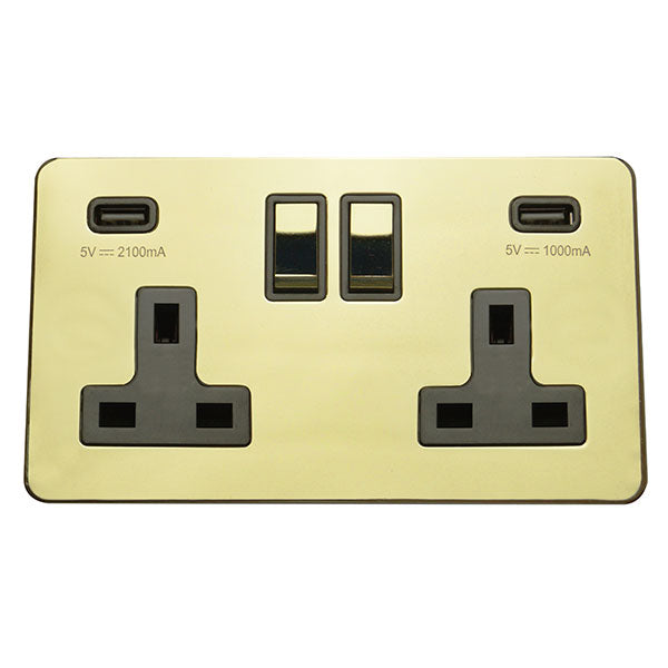 2 Gang 13A Switched Socket with USB Charging Screw Less Plate