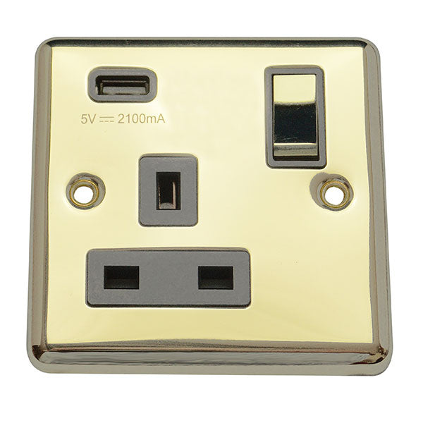 1 Gang 13A Switched Socket with USB Charging Round Angled Plate Plate