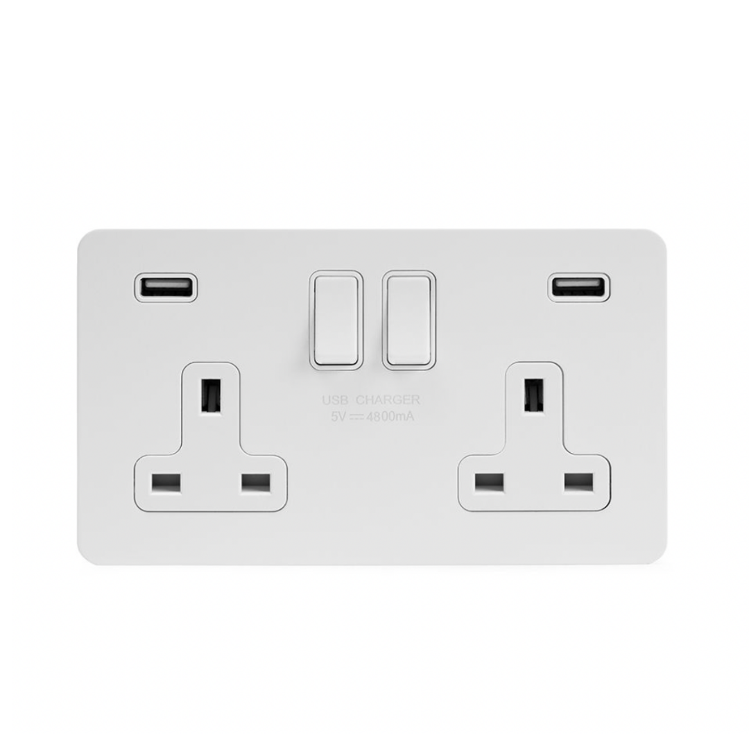 2 Gang 13A Switched Socket with USB Charging Screw Less Plate